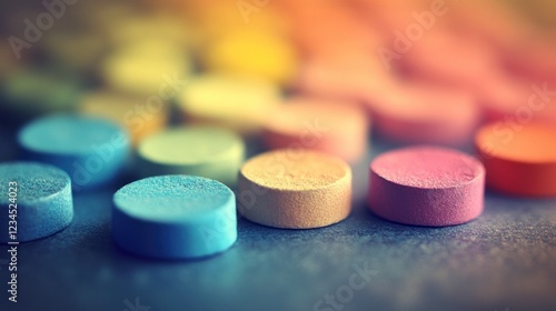 Colorful pills scattered on surface, blurred background, healthcare concept