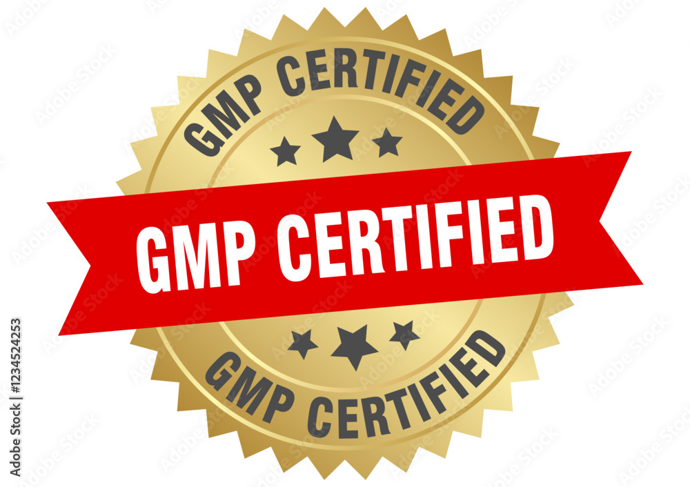 gmp certified. gmp certified round red and gold label isolated on transparent background gmp certified. gmp certified round red and gold label isolated on transparent background