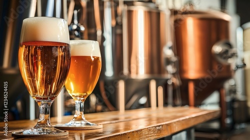 Golden Craft Beer: Two Glasses on a Rustic Brewery Bar
