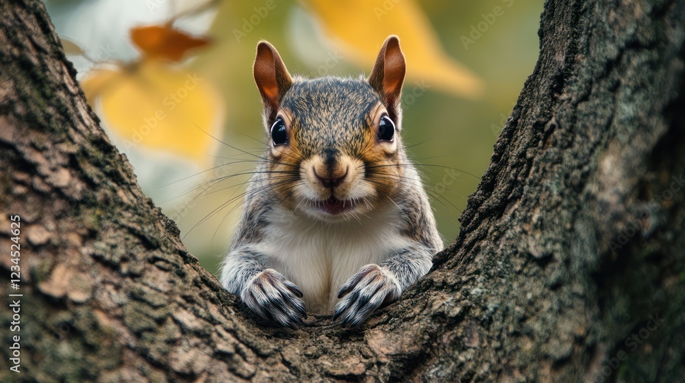 Squirrel posing, autumn tree, park, blurred leaves, nature Squirrel posing, autumn tree, park, blurred leaves, nature