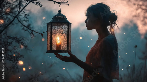 evocative silhouette of a woman holding an ornate candlelit lantern at dusk creating a mystical and romantic twilight scene with bokeh and fairy lights in a dark secluded landscape photo