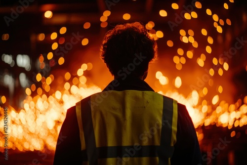 Worker Observing Fiery Industrial Process at Night photo