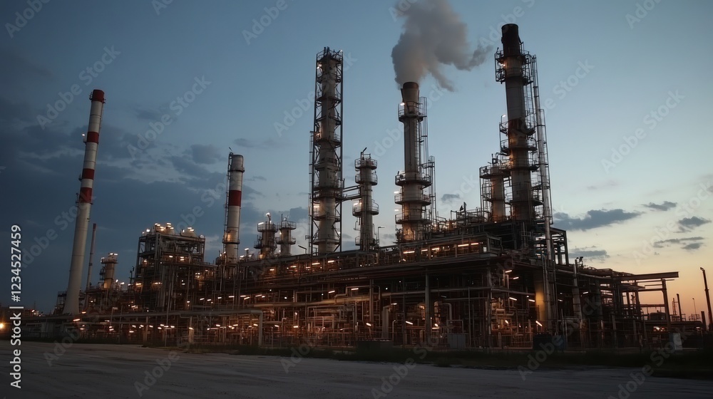 Refinery twilight operation, industrial complex, smoke stacks, pollution, energy production Refinery twilight operation, industrial complex, smoke stacks, pollution, energy production