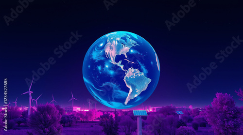 Earth Hour Poster Design – Modern Gradient Background with Glowing Earth, City Lights Dimming, and Renewable Energy Icons (4K) photo