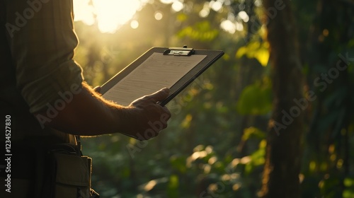 Fototapeta Naklejka Na Ścianę i Meble -  Researcher reviews documents in lush jungle at sunset