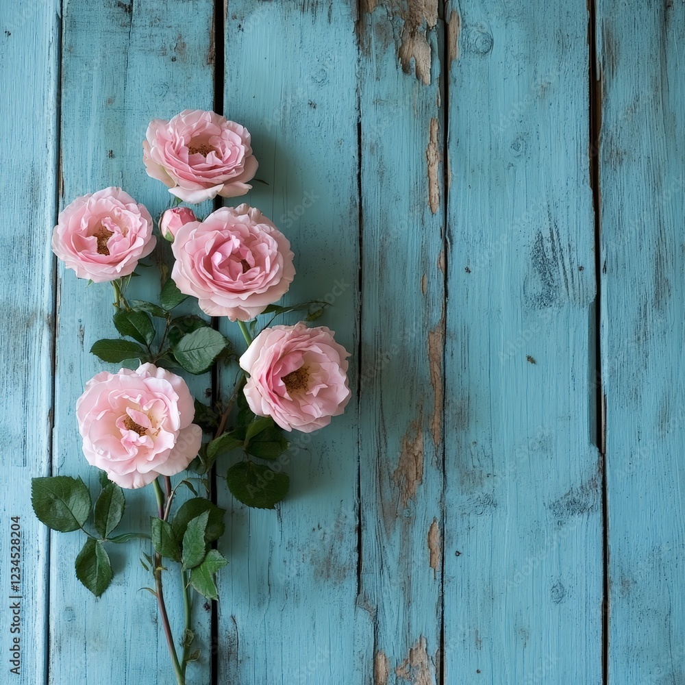 A bouquet of pink roses arranged on a rustic blue wooden background. Perfect for romantic or vintage themes. A bouquet of pink roses arranged on a rustic blue wooden background. Perfect for romantic or vintage themes.