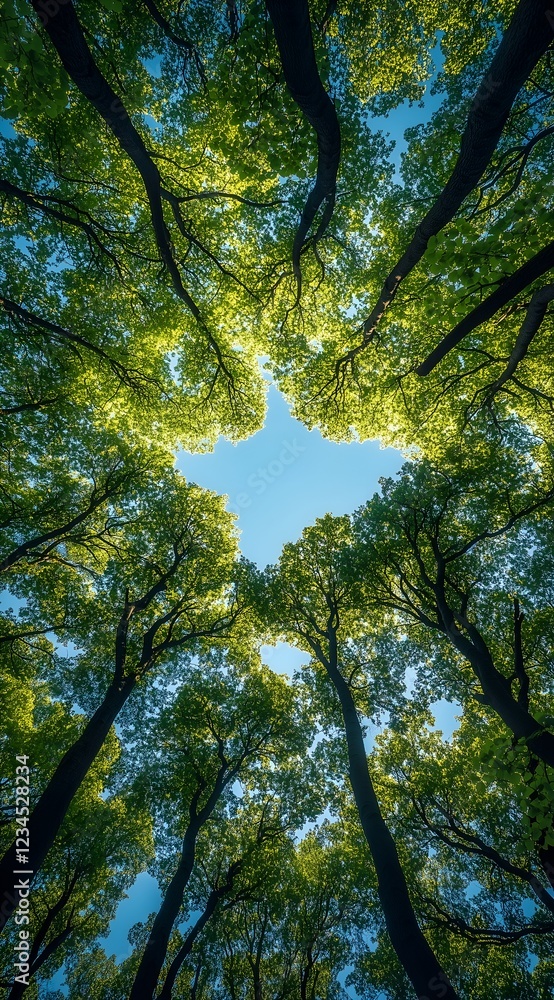 Obraz premium Wide-angle photograph of tall trees, with green leaves and a canopy view.