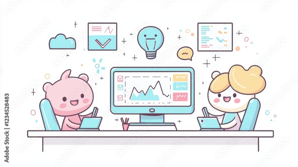 Kawaii digital brainstorming, cute characters working with screens and graphs,