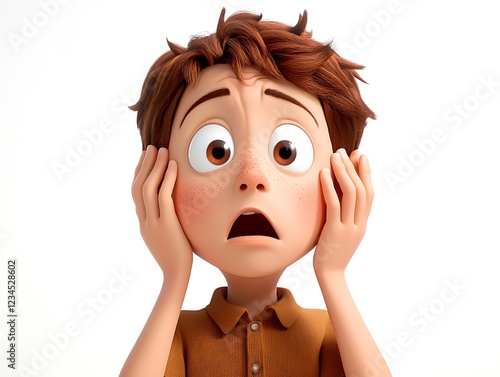 Panic reaction of animated boy studio character art white background close-up