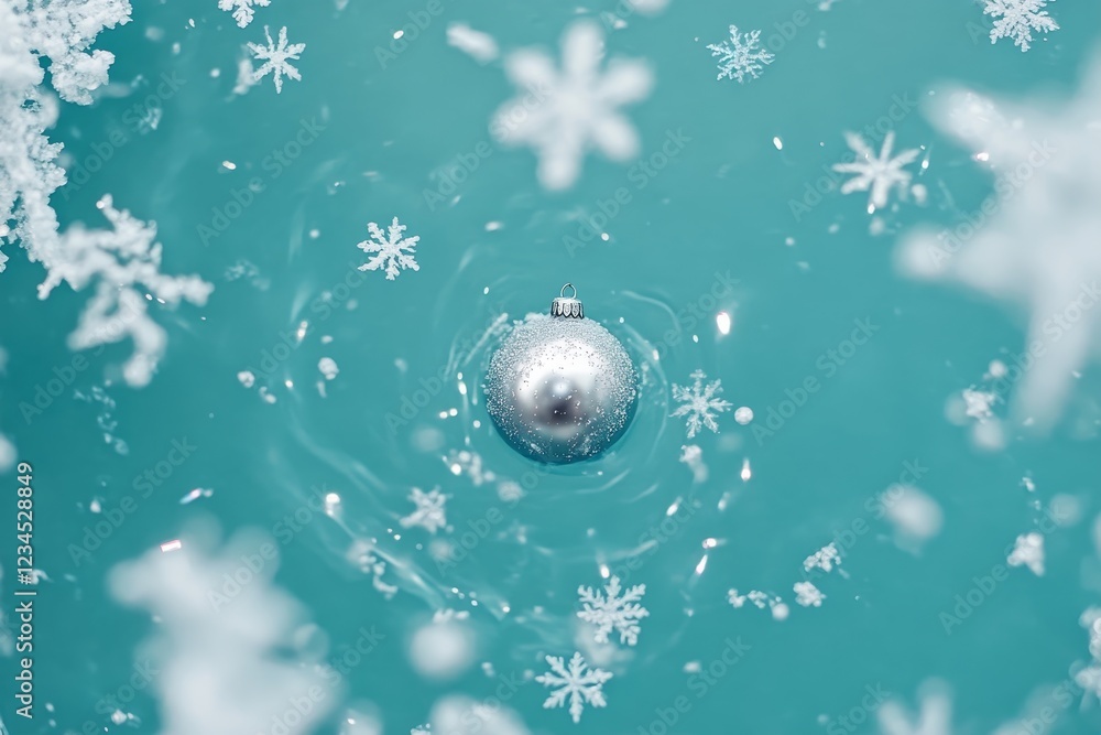 Fototapeta premium Silver Christmas Ornament in Blue Water with Snowflakes Falling