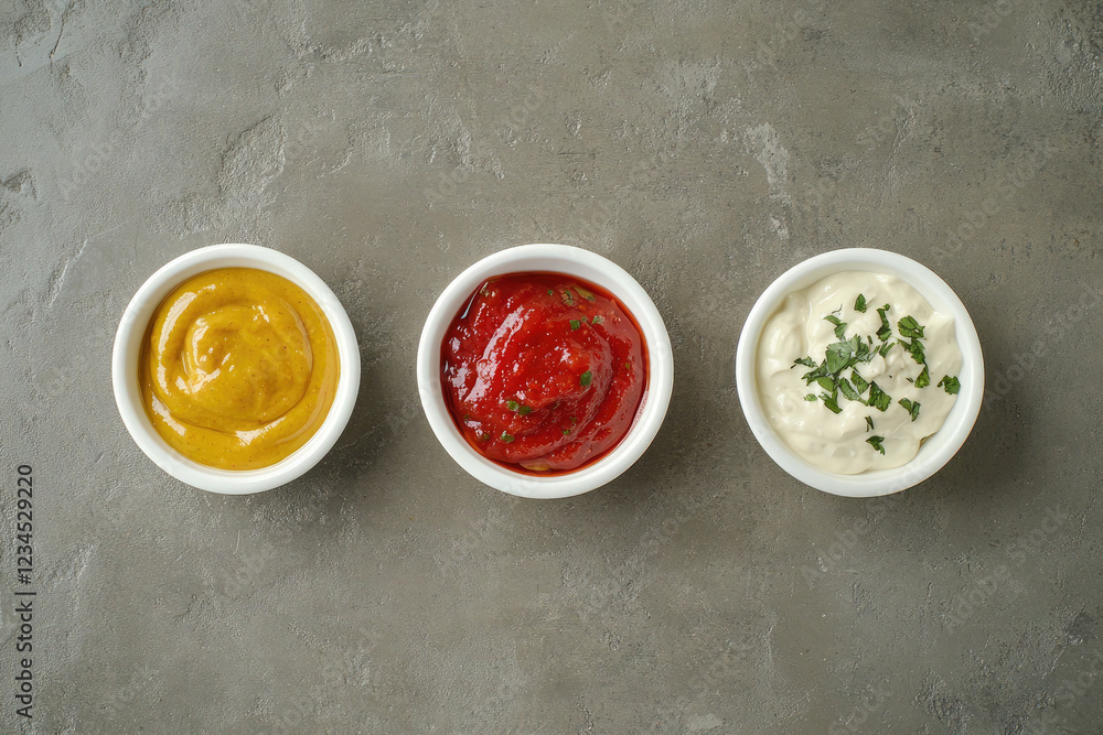 Assorted Sauces in Small Bowls on Textured Gray Background Assorted Sauces in Small Bowls on Textured Gray Background