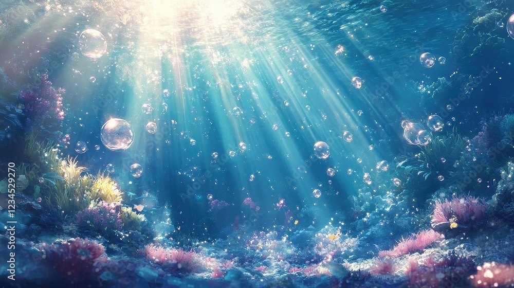 Fototapeta premium A dramatic underwater perspective showing rays of sunlight and the bubbly ascent of air pockets, creating a dynamic depth scene.
