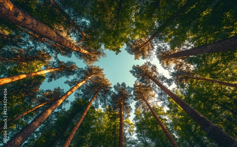 Fototapeta premium Wide-angle photograph of tall trees, with green leaves and a canopy view.