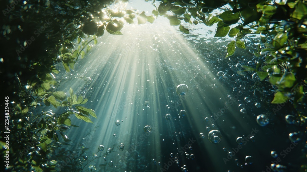 Naklejka premium A peaceful, dreamy underwater scene with sunlight rays casting beams through the water and air bubbles floating lazily upward.