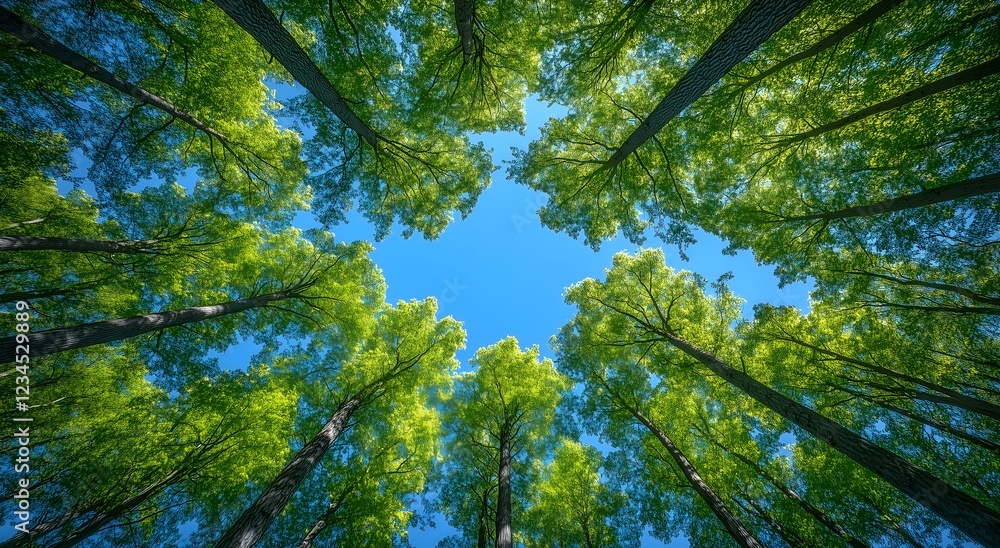 Fototapeta premium Wide-angle photograph of tall trees, with green leaves and a canopy view.