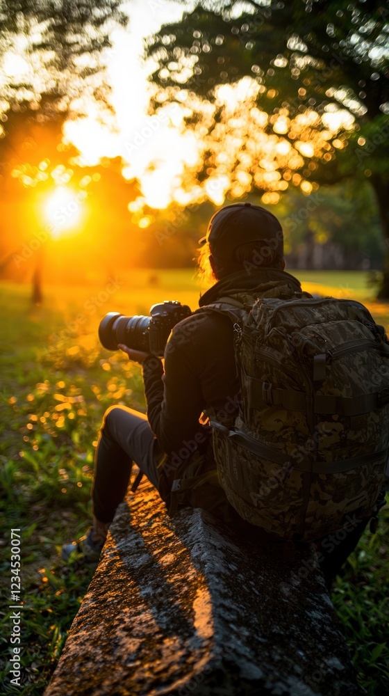 Photographer Sitting on a Log Capturing the Vibrant Sunset in a Tranquil Park Photographer Sitting on a Log Capturing the Vibrant Sunset in a Tranquil Park