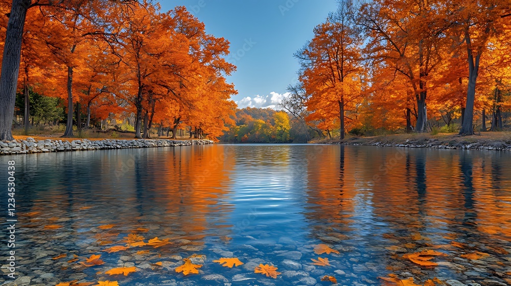 Obraz premium Vibrant autumn leaves reflected in a calm river.