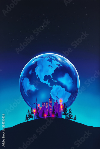 Earth Hour Poster Design – Modern Gradient Background with Glowing Earth, City Lights Dimming, and Renewable Energy Icons (4K) photo