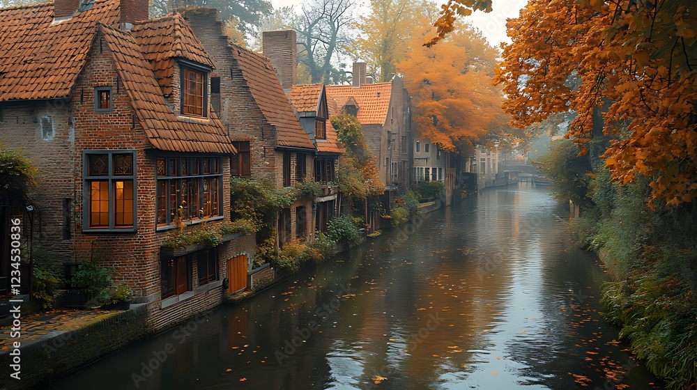 Misty autumn canal scene with charming old brick houses and colorful foliage. Misty autumn canal scene with charming old brick houses and colorful foliage.
