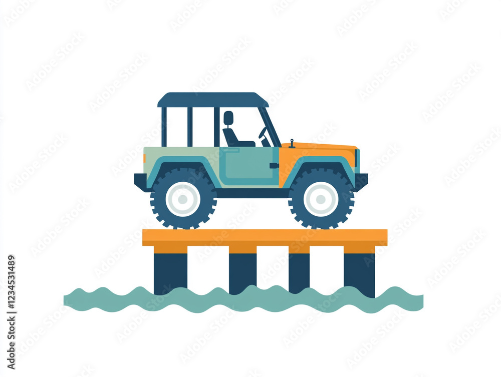 A stylized illustration of an off-road vehicle on a pier above water with a simple, colorful design. A stylized illustration of an off-road vehicle on a pier above water with a simple, colorful design.
