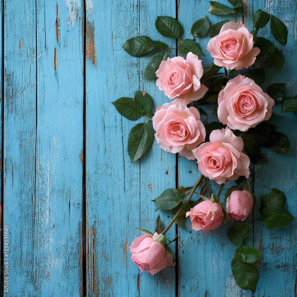 A bouquet of pink roses arranged on a rustic blue wooden background. Perfect for romantic or vintage themes. A bouquet of pink roses arranged on a rustic blue wooden background. Perfect for romantic or vintage themes.