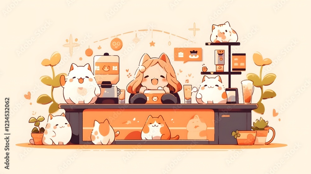 Obraz premium Fluffy Calm Coffee Shop, Adorable Barista Cat Crafting Latte Art Behind Charming Coffee Shop Counter with Pastries and Appliances