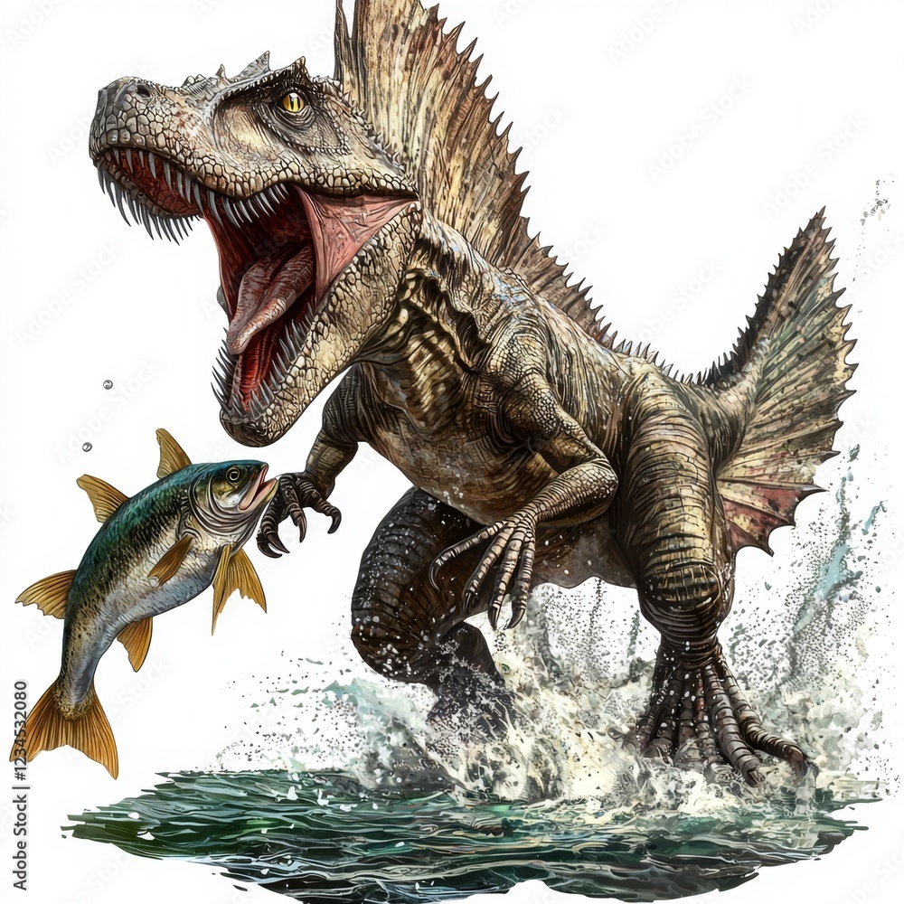 Obraz premium Impressive Spinosaurus Splashing in Water with a Fish in Its Jaws