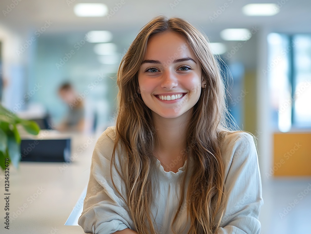 Smiling woman in modern office professional portrait bright environment Smiling woman in modern office professional portrait bright environment