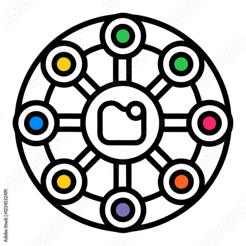 Colorful line art icon representing a media or content sharing network  