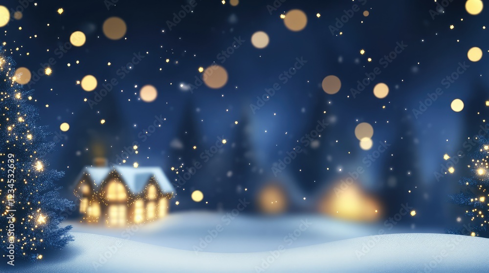 Fototapeta premium Magical winter night scene featuring a cozy cottage surrounded by snowy landscape, dazzling Christmas lights, and softly falling snowflakes creating a festive atmosphere