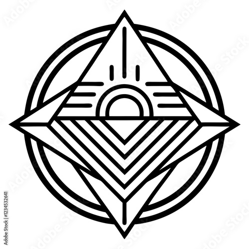 Geometric line art icon featuring a pyramid design within a circular frame  