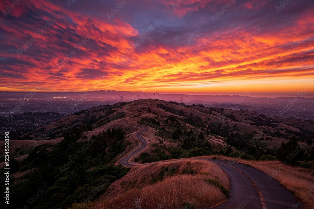 Fototapeta premium Fiery Sunset Over Rolling Hills Wind Turbines Visible