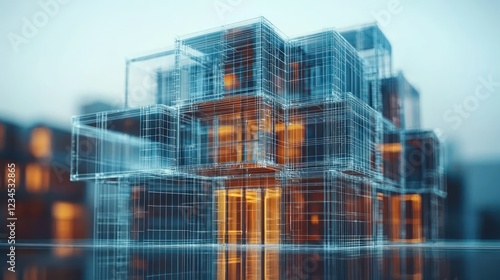 Fototapeta Naklejka Na Ścianę i Meble -  Transparent building model at dusk, city backdrop