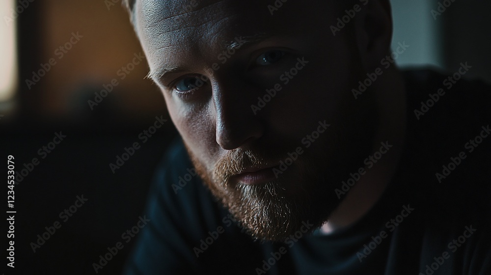 Intriguing Portrait: A Man's Pensive Gaze in Low Light Intriguing Portrait: A Man's Pensive Gaze in Low Light