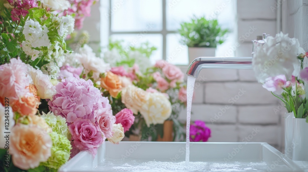 Close up water flows from the tap into a large white sink, pastel colors image without shadows and dark colors, flower shop , surrounded by an array of vibrant pastel-colored flowers. Close up water flows from the tap into a large white sink, pastel colors image without shadows and dark colors, flower shop , surrounded by an array of vibrant pastel-colored flowers.