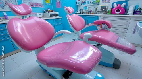 Pink pediatric dental chairs, bright room photo