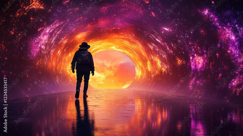 Traveler walks tunnel towards glowing portal in cosmic nebula background Traveler walks tunnel towards glowing portal in cosmic nebula background