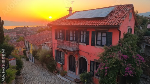 Colorful hillside town house at sunrise with solar panels photo