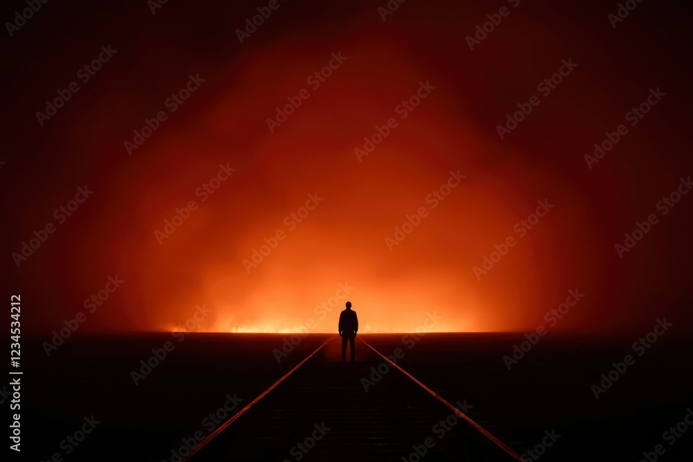 Fototapeta premium Lone Figure Stands on Train Tracks Facing Fiery Horizon