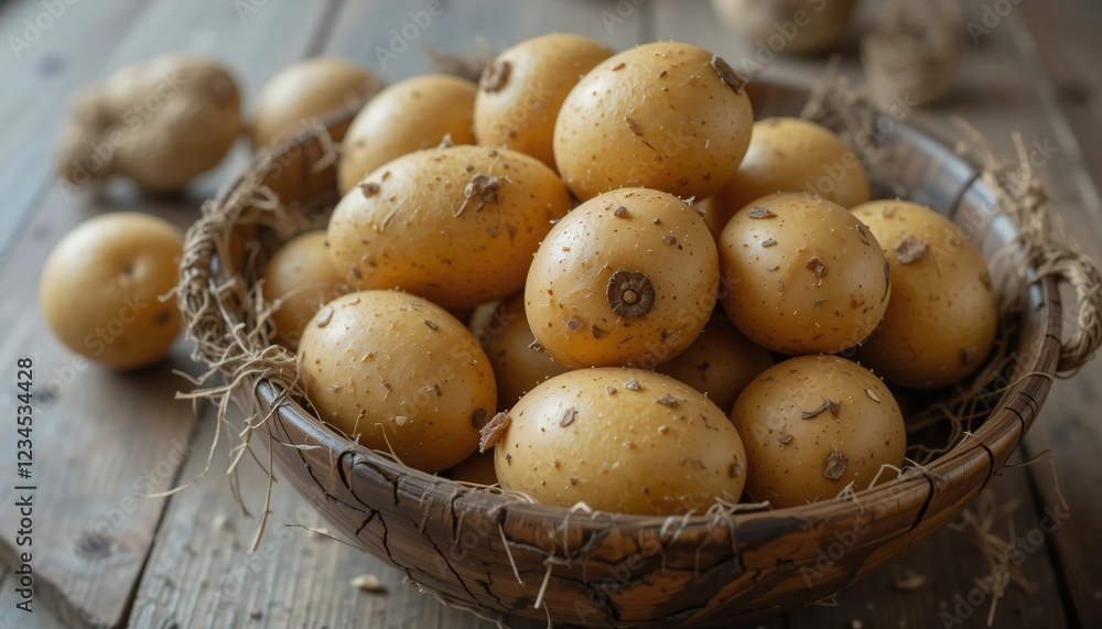 Rustic wooden bowl full of fresh potatoes on farmhouse table Rustic wooden bowl full of fresh potatoes on farmhouse table