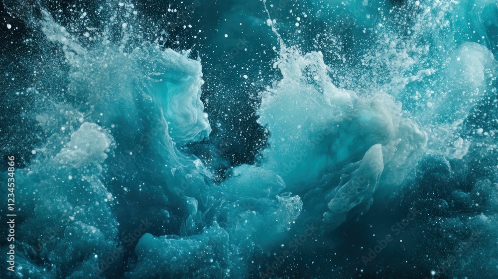 Fototapeta premium Teal water splash collision, dark background, abstract art, design element