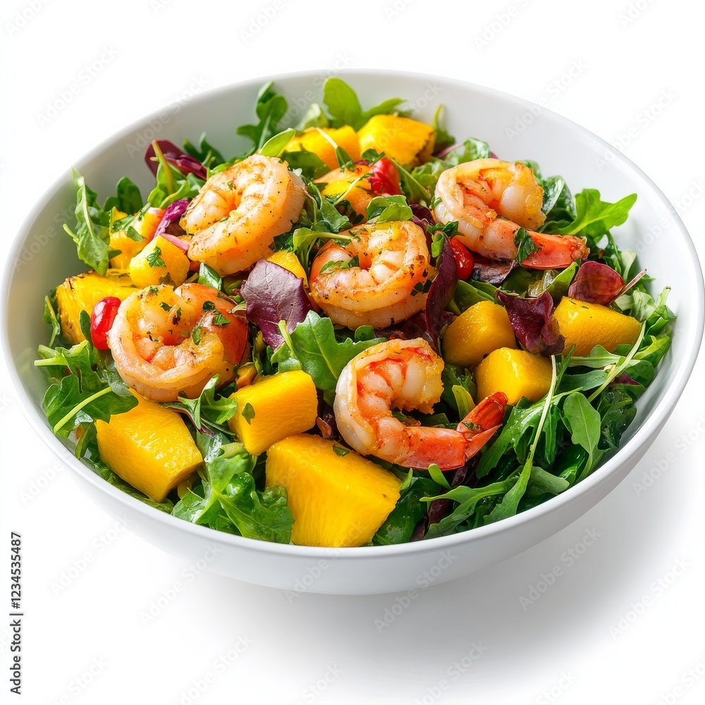 A tropical mango and shrimp salad with mixed greens and citrus vinaigrette, isolated white background, modern art style A tropical mango and shrimp salad with mixed greens and citrus vinaigrette, isolated white background, modern art style