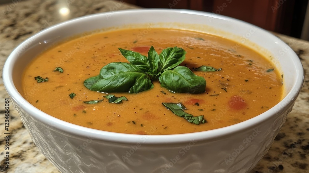 Creamy tomato soup garnished with basil. Perfect for illustrating recipes, food blogs, or restaurant menus. Creamy tomato soup garnished with basil. Perfect for illustrating recipes, food blogs, or restaurant menus.