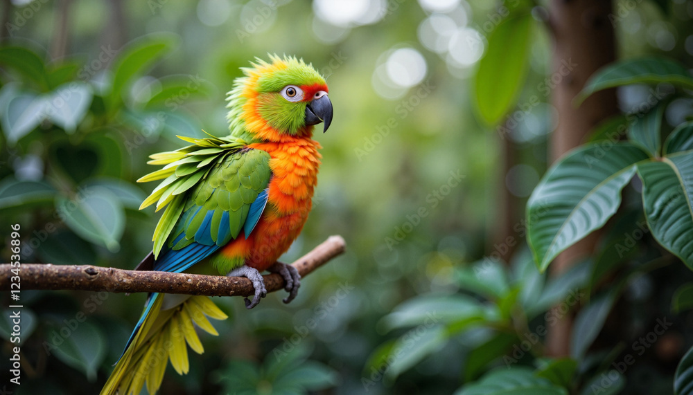 Vibrant parrot perched on branch in lush rainforest, nature's beauty Vibrant parrot perched on branch in lush rainforest, nature's beauty