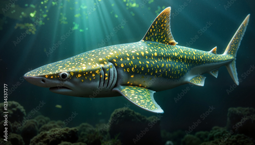 Shimmering shark gliding through glowing underwater forest, mystical depths
