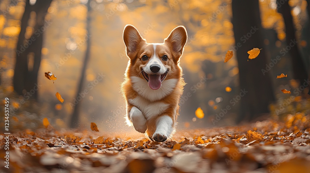 Happy Welsh corgi running through autumn leaves in a forest Happy Welsh corgi running through autumn leaves in a forest