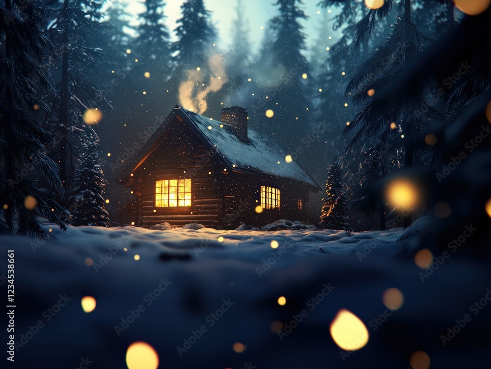 Fototapeta premium Cozy Cabin in a Winter Forest with Warm Lights Glowing from Windows and Smoke Rising