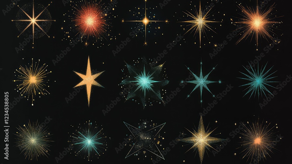 Naklejka premium Vibrant Collection of Retro Cosmic Starburst Designs in Various Shapes and Colors for Backgrounds, Patterns, and Creative Projects