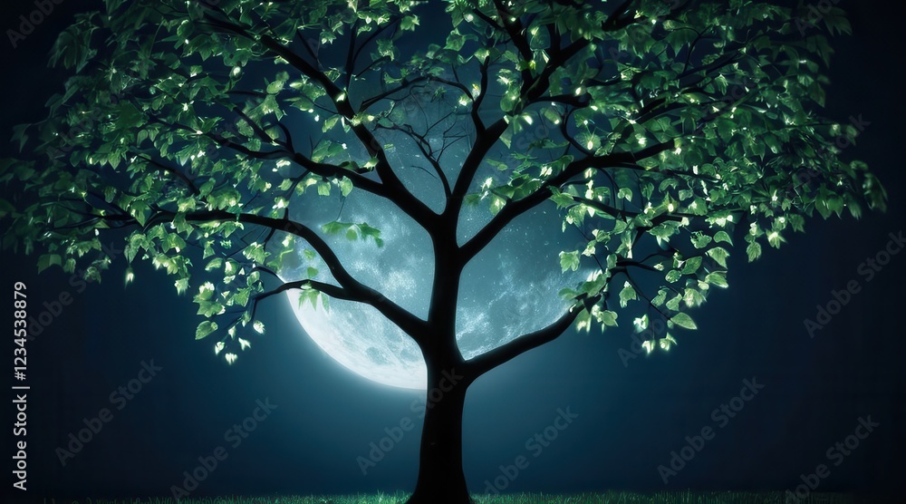 Obraz premium Glowing Green Tree Silhouette Against a Full Moon at Night