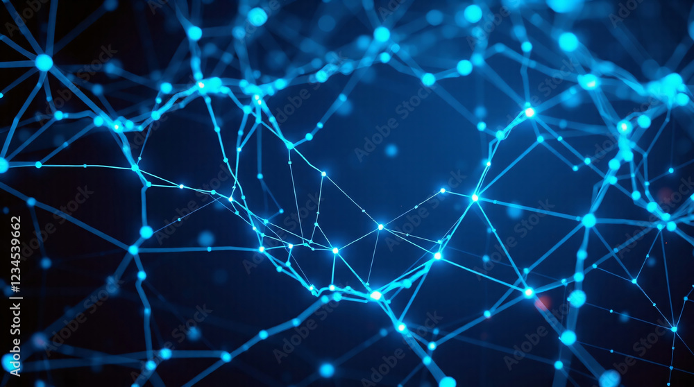 Digital Representation of Neural Network with Interconnected Nodes and Blue Light Points Digital Representation of Neural Network with Interconnected Nodes and Blue Light Points